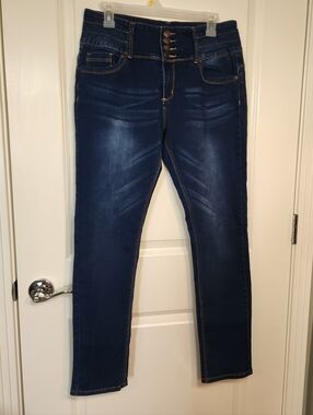 High-Waist Dark Blue Women's Jeans with Button Fly